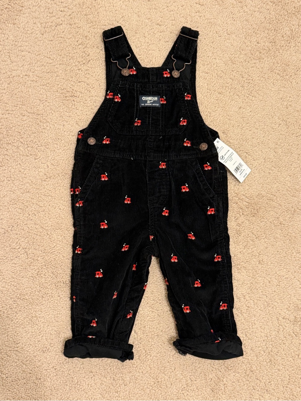 NWT - 12M - OshKosh B'gosh Black Corduroy Overalls with Red Train Motif